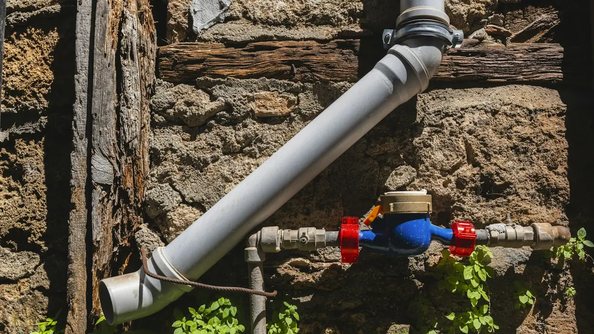 A small water meter with red shutoff valves on a pipe run along an old stone wall - Leak Detection in Cape Girardeau